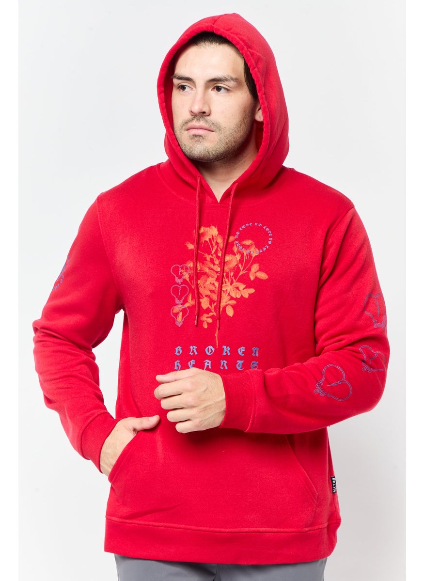 Men Hooded Graphic Print Sweatshirts, Red