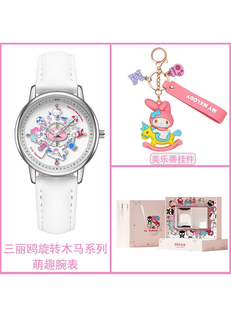 Sanrio Carousel Watch Womens Quartz Waterproof Creative Student 2121-belt White + melody pendant [pink and white gift box]]