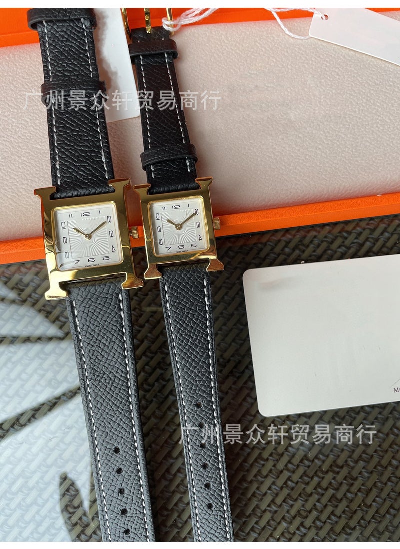 Elegant H Series Square Beige Digital Leather Watch for Women Black