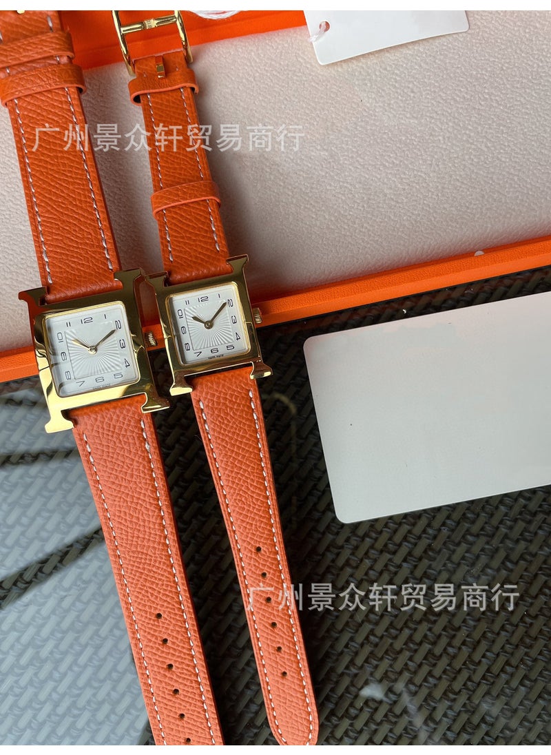 Elegant H Series Square Beige Digital Leather Watch for Women Orange