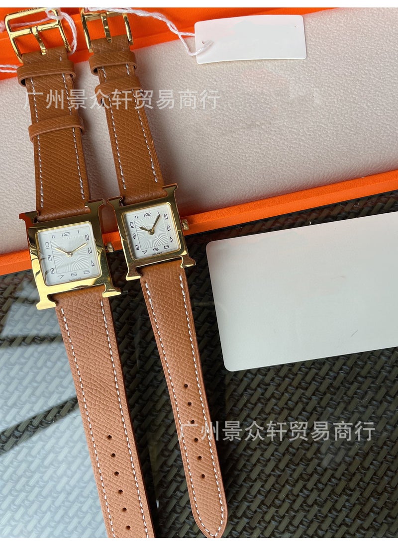 Elegant H Series Square Beige Digital Leather Watch for Women Light brown