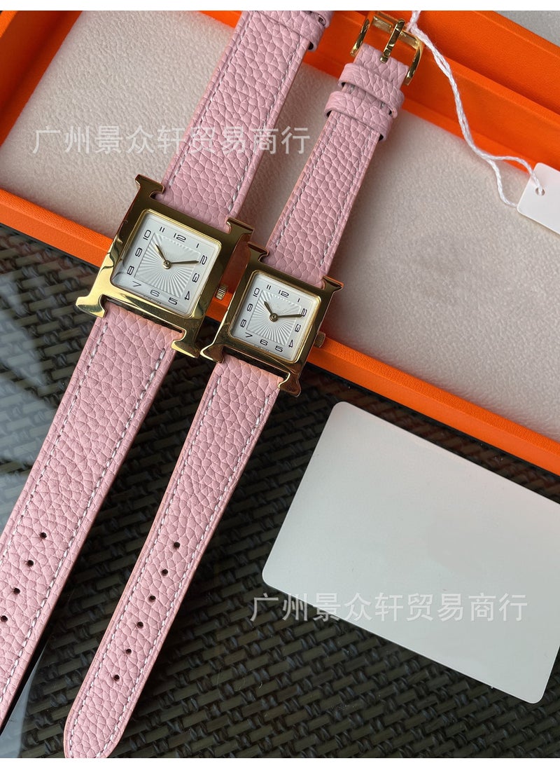 Elegant H Series Square Beige Digital Leather Watch for Women Pink