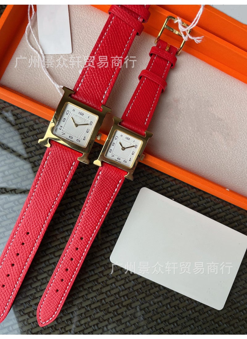 Elegant H Series Square Beige Digital Leather Watch for Women Red