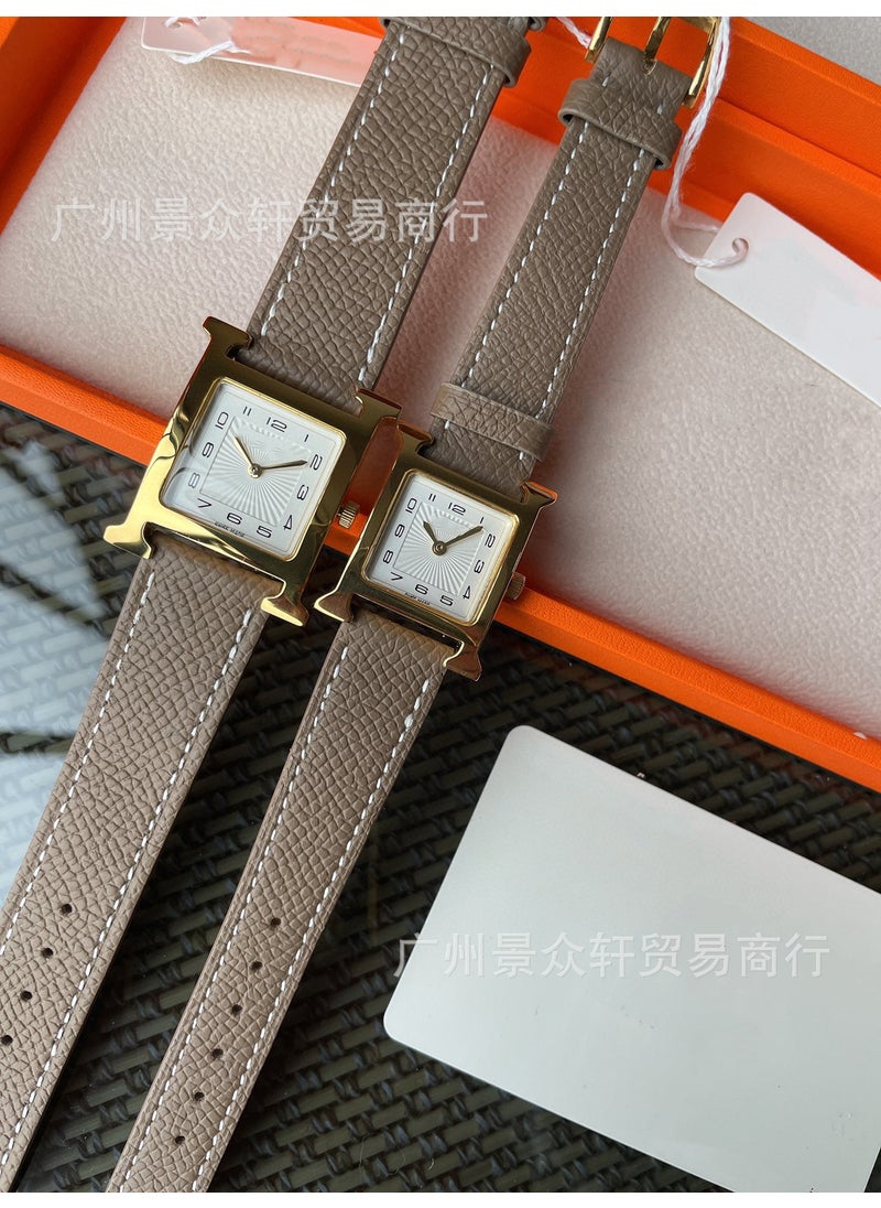 Elegant H Series Square Beige Digital Leather Watch for Women Grey