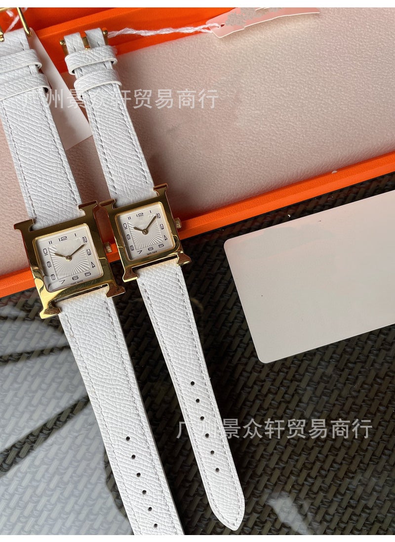 Elegant H Series Square Beige Digital Leather Watch for Women White