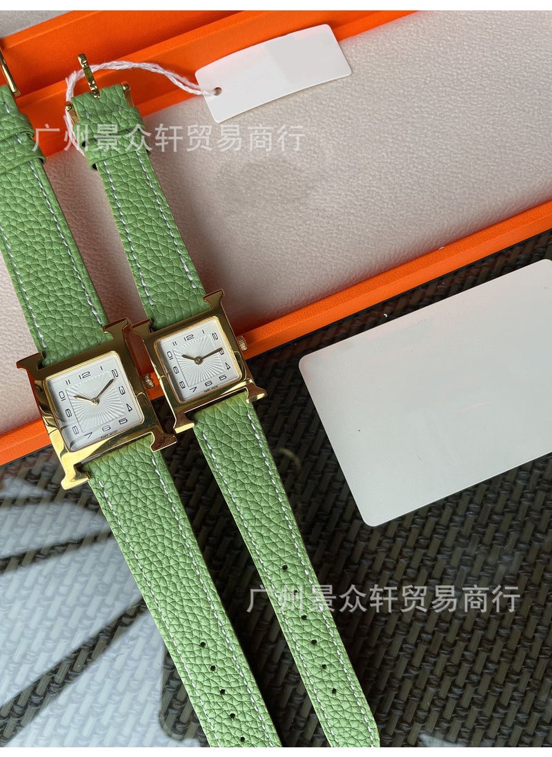 Elegant H Series Square Beige Digital Leather Watch for Women Green
