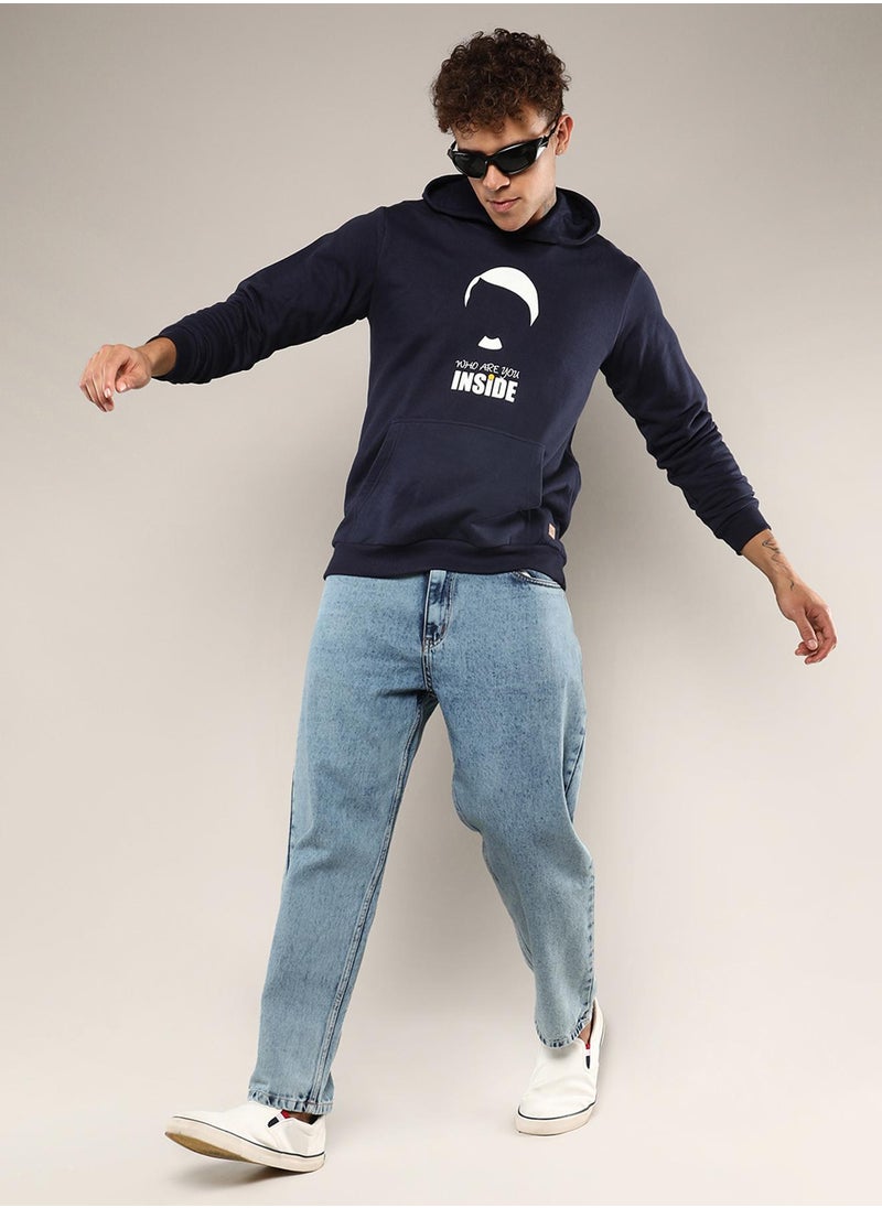 Men's Navy Blue Who Are You Inside Hoodie With Kangaroo Pocket