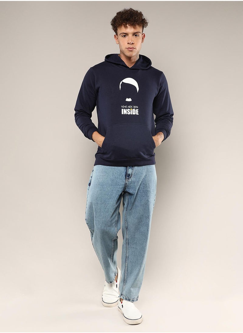 Men's Navy Blue Who Are You Inside Hoodie With Kangaroo Pocket