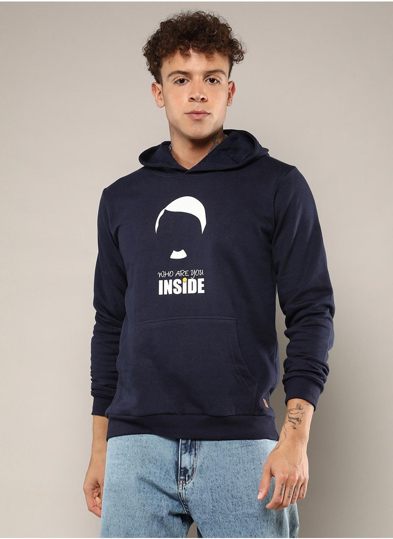 Men's Navy Blue Who Are You Inside Hoodie With Kangaroo Pocket