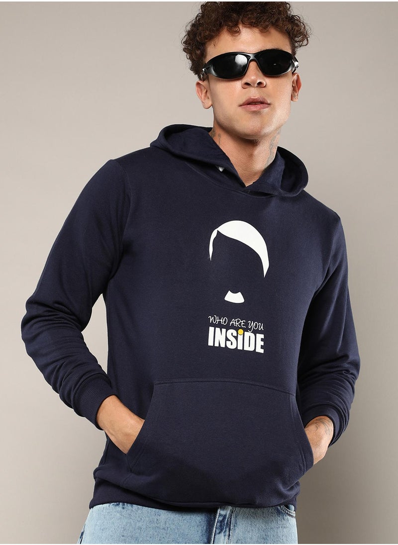 Men's Navy Blue Who Are You Inside Hoodie With Kangaroo Pocket