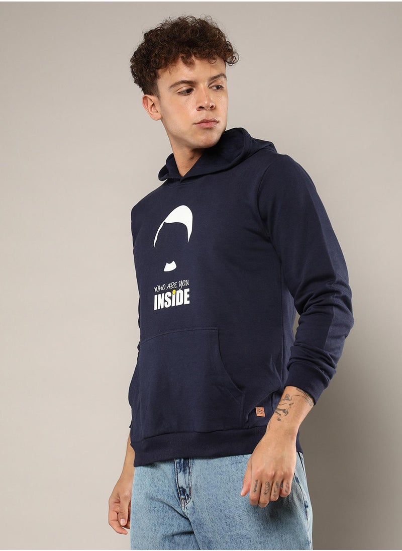 Men's Navy Blue Who Are You Inside Hoodie With Kangaroo Pocket