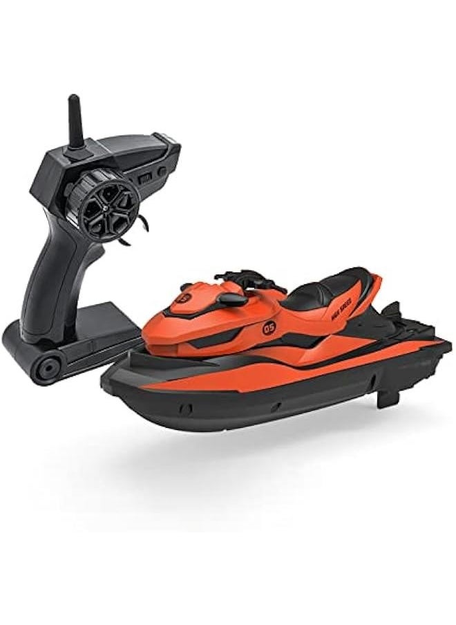 2.4GHz Remote Control Motorboat Toy, 1 : 14 Motor Boat Model Toy 2 Motors High Speed Marine Motor Water Toy 2 Speed Level RC Motorboat Jet Ski Pool Toy (Orange)