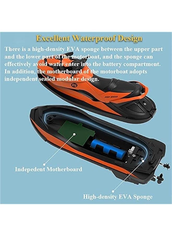 2.4GHz Remote Control Motorboat Toy, 1 : 14 Motor Boat Model Toy 2 Motors High Speed Marine Motor Water Toy 2 Speed Level RC Motorboat Jet Ski Pool Toy (Orange)