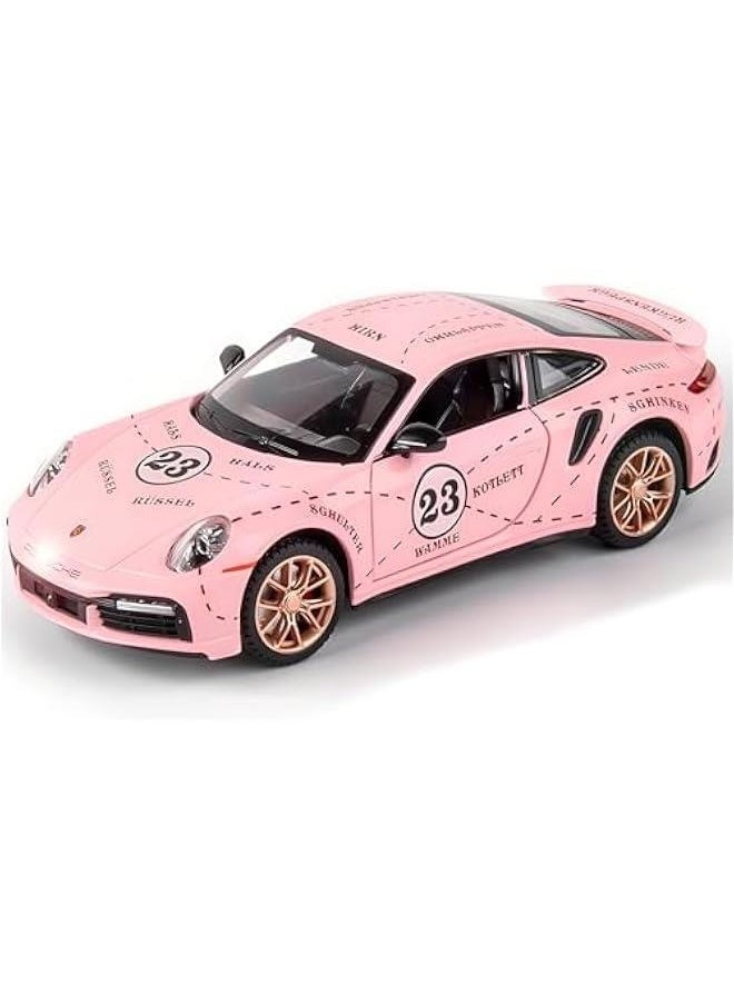 Toy Car Model Porsche 911 Turbo S Car Ornaments, Alloy Diecast Car Toy with Display Base, Pull Back Car Toys with Light  Sound for Kids Age 4-8 Girls Gift Pink