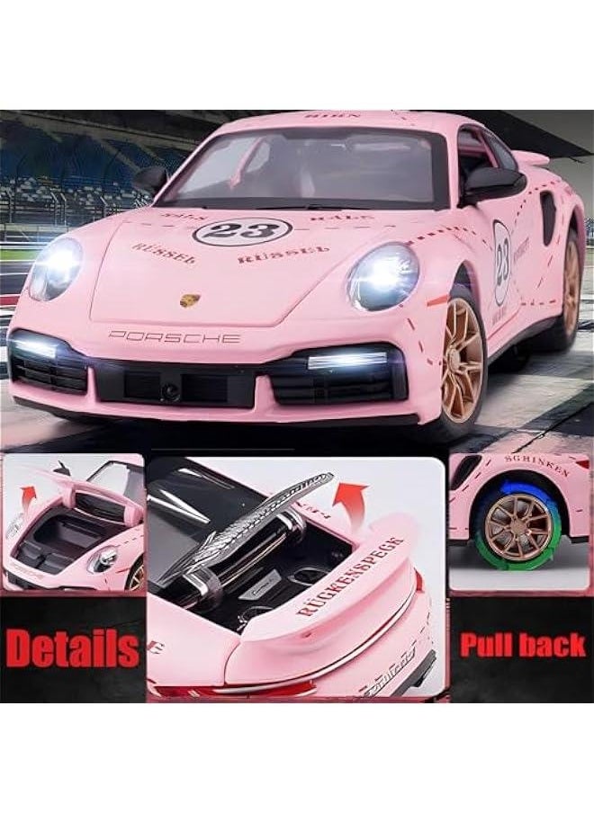 Toy Car Model Porsche 911 Turbo S Car Ornaments, Alloy Diecast Car Toy with Display Base, Pull Back Car Toys with Light  Sound for Kids Age 4-8 Girls Gift Pink