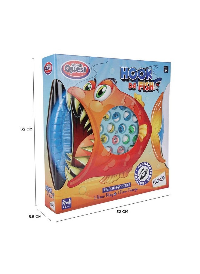 SKOODLE Quest Hook Da Fish Rechargeable Fishing Tyre Game | 45 Fishes & 4 Fishing Pole | Musical Rotating Fishing Board Game| Age 5+ | Blue