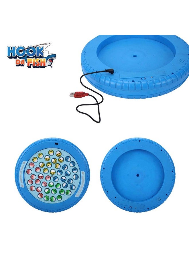 SKOODLE Quest Hook Da Fish Rechargeable Fishing Tyre Game | 45 Fishes & 4 Fishing Pole | Musical Rotating Fishing Board Game| Age 5+ | Blue