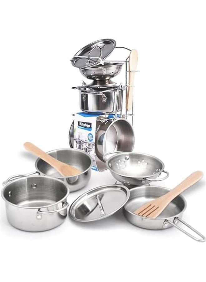 8 PCS Stainless Steel Play Pots and Pans Toys for Kids-Kitchen Playset Pretend Game Toys Cookware Cooking Utensils,Children Kitchen Accessories Set,Great Learning Gifts for Toddler  Boys Girls
