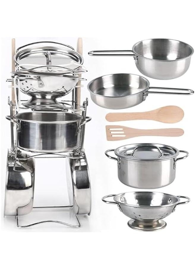 8 PCS Stainless Steel Play Pots and Pans Toys for Kids-Kitchen Playset Pretend Game Toys Cookware Cooking Utensils,Children Kitchen Accessories Set,Great Learning Gifts for Toddler  Boys Girls
