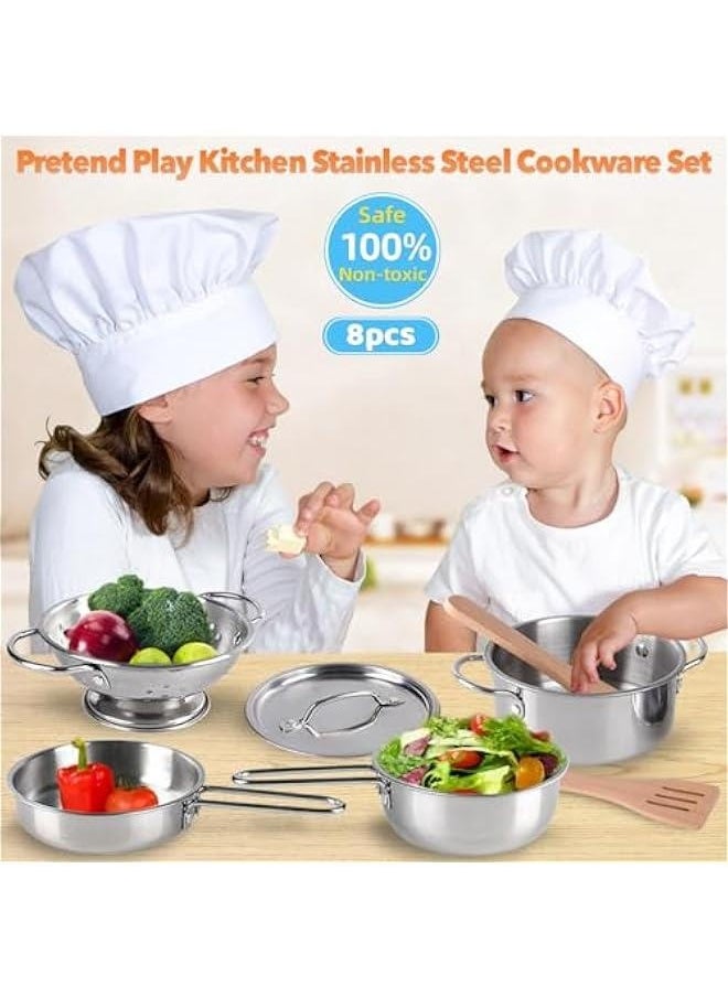 8 PCS Stainless Steel Play Pots and Pans Toys for Kids-Kitchen Playset Pretend Game Toys Cookware Cooking Utensils,Children Kitchen Accessories Set,Great Learning Gifts for Toddler  Boys Girls