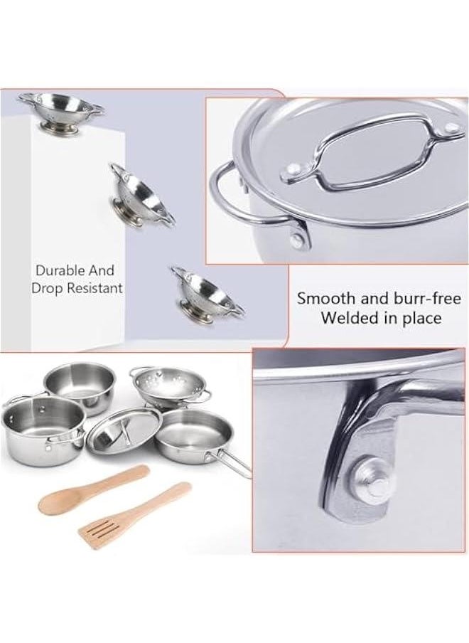 8 PCS Stainless Steel Play Pots and Pans Toys for Kids-Kitchen Playset Pretend Game Toys Cookware Cooking Utensils,Children Kitchen Accessories Set,Great Learning Gifts for Toddler  Boys Girls