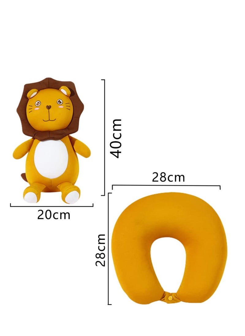 Convertible 2-in-1 Kids Neck Pillow and Lion Doll Cushion, Comfortable Travel Support for Planes, Cars, Trains and Office Naps