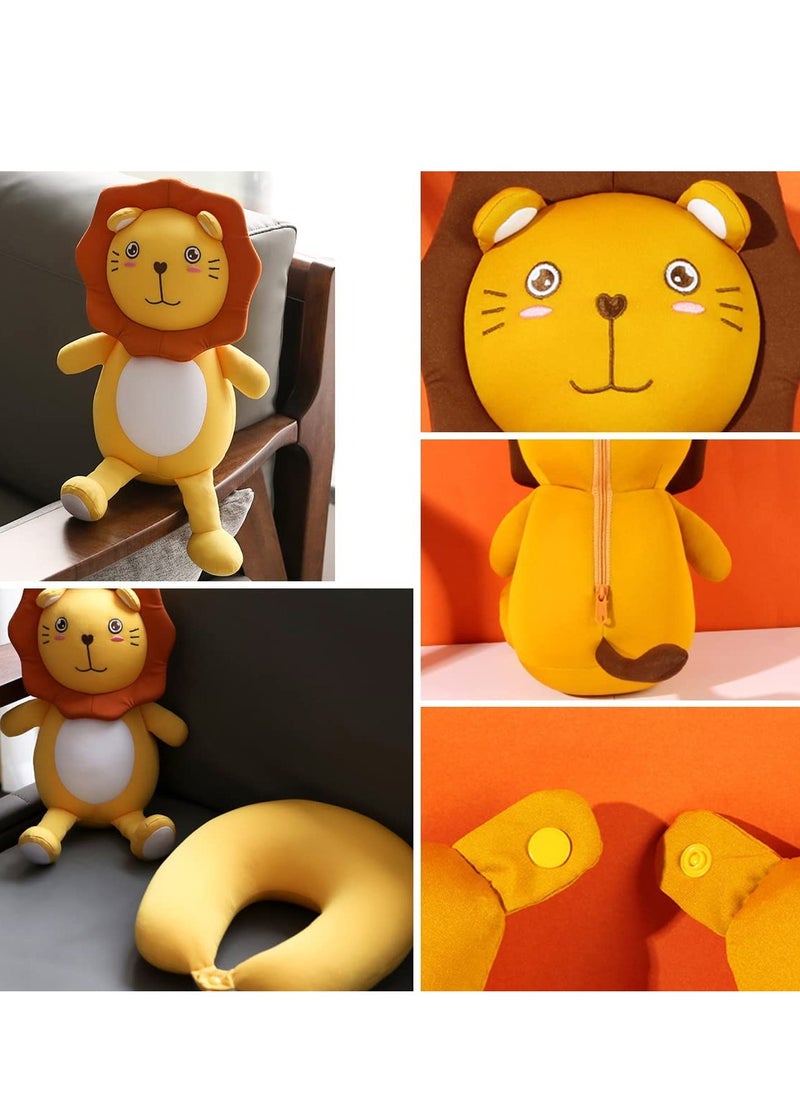 Convertible 2-in-1 Kids Neck Pillow and Lion Doll Cushion, Comfortable Travel Support for Planes, Cars, Trains and Office Naps