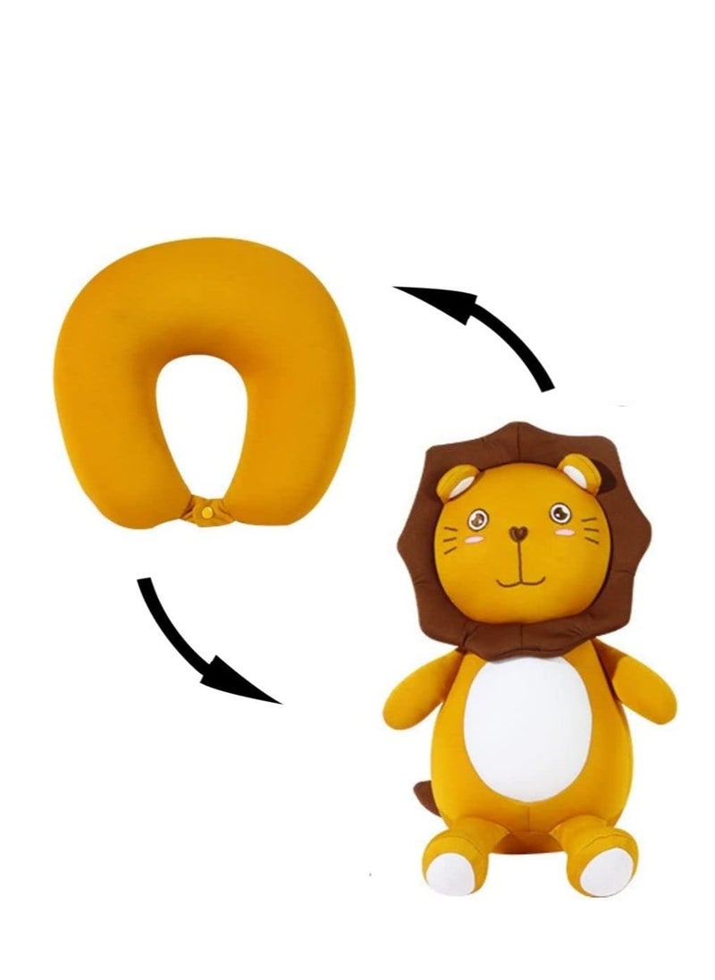 Convertible 2-in-1 Kids Neck Pillow and Lion Doll Cushion, Comfortable Travel Support for Planes, Cars, Trains and Office Naps