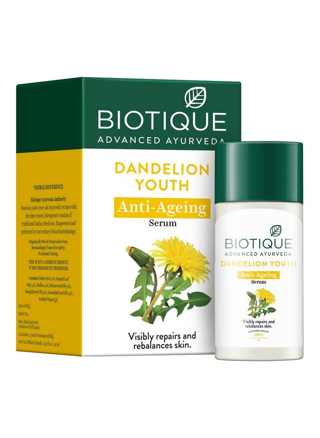 Dandelion Youth Anti-Ageing Serum| Ayurvedic And Organically Pure| Anti-Ageing Serum For Men & Women| Reduces Fine Lines & Wrinkles |100% Botanical Extracts| All Skin Types | 40Ml