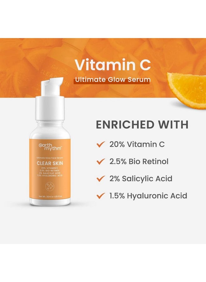 20% Vitamin C Serum For Glowing & Clear Skin With Hyaluronic & Salicylic Acid| Hydrates Moisturizes & Brightens | Suitable For Oily Sensitive & Acne Prone Skin| Men & Women - 30 Ml