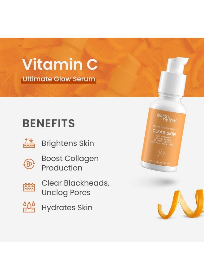 20% Vitamin C Serum For Glowing & Clear Skin With Hyaluronic & Salicylic Acid| Hydrates Moisturizes & Brightens | Suitable For Oily Sensitive & Acne Prone Skin| Men & Women - 30 Ml