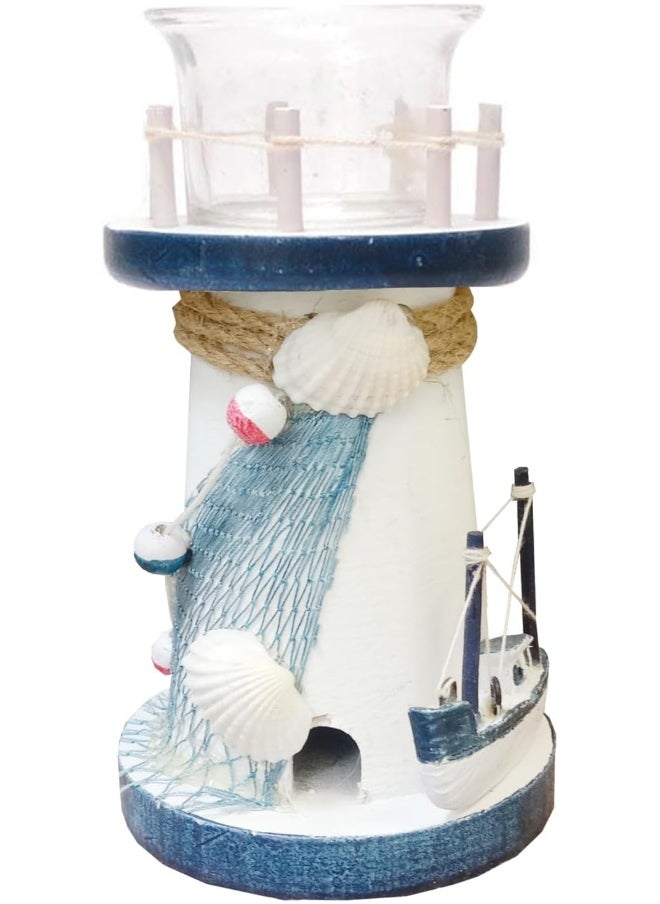Generic FAB D'COR Decorative Candlestick Lighthouse Blue Stripes Wooden Candle Lighthouse Decor Handcrafted Nautical Decor Candle Lighthouse with Fish Ocean Decor (Design 1)