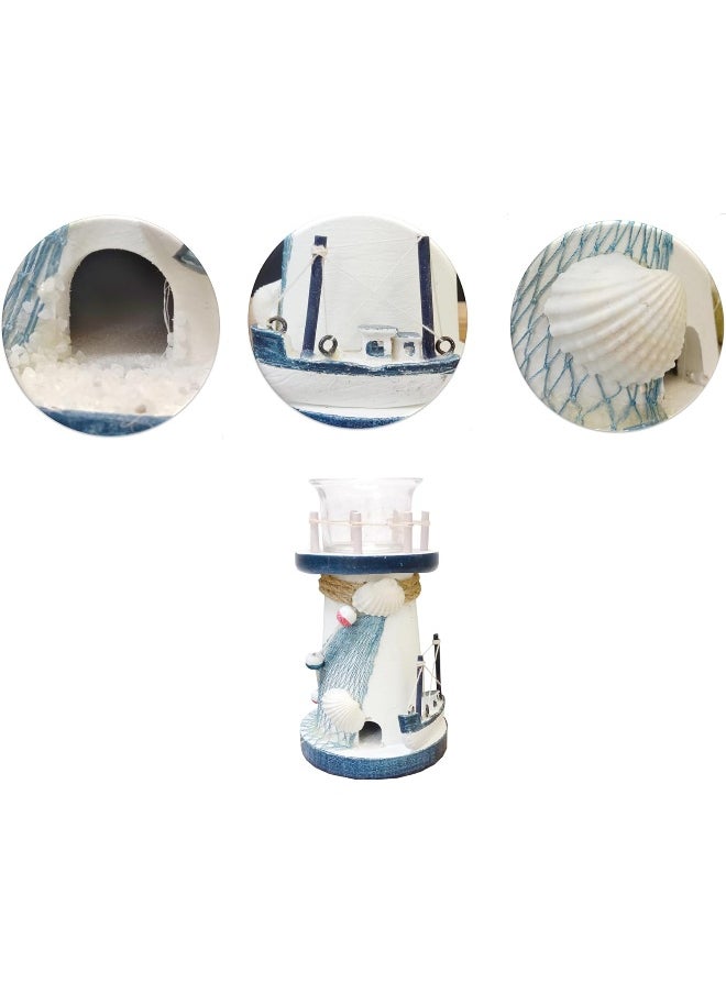 Generic FAB D'COR Decorative Candlestick Lighthouse Blue Stripes Wooden Candle Lighthouse Decor Handcrafted Nautical Decor Candle Lighthouse with Fish Ocean Decor (Design 1)