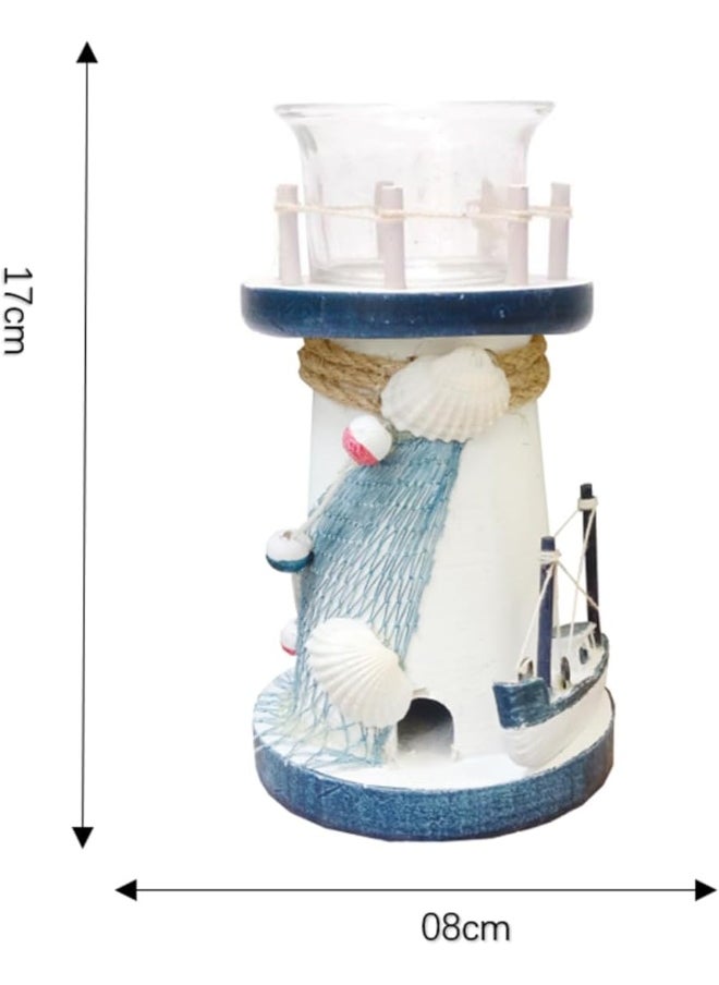 Generic FAB D'COR Decorative Candlestick Lighthouse Blue Stripes Wooden Candle Lighthouse Decor Handcrafted Nautical Decor Candle Lighthouse with Fish Ocean Decor (Design 1)
