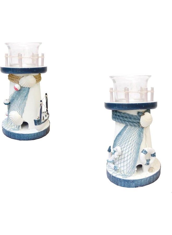 FAB D'COR Decorative Candlestick Lighthouse Blue Stripes Wooden Candle Lighthouse Decor Handcrafted Nautical Decor Candle Lighthouse with Fish Ocean Decor