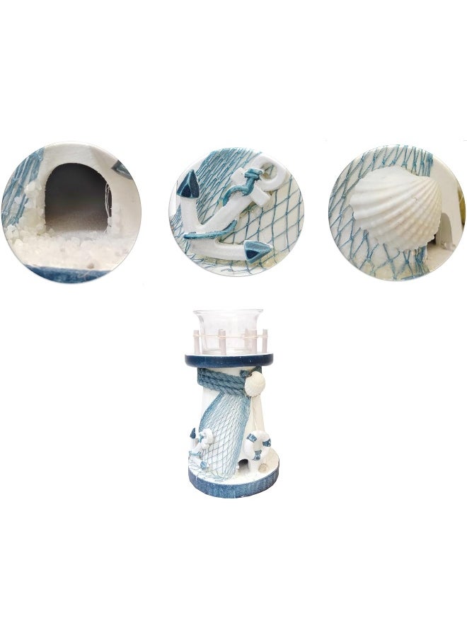 FAB D'COR Decorative Candlestick Lighthouse Blue Stripes Wooden Candle Lighthouse Decor Handcrafted Nautical Decor Candle Lighthouse with Fish Ocean Decor
