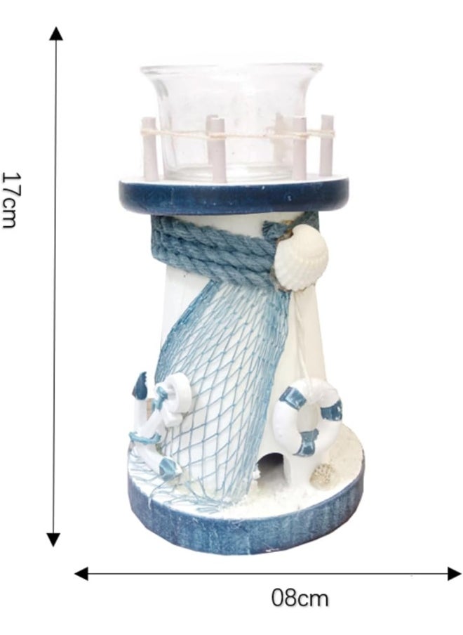 FAB D'COR Decorative Candlestick Lighthouse Blue Stripes Wooden Candle Lighthouse Decor Handcrafted Nautical Decor Candle Lighthouse with Fish Ocean Decor