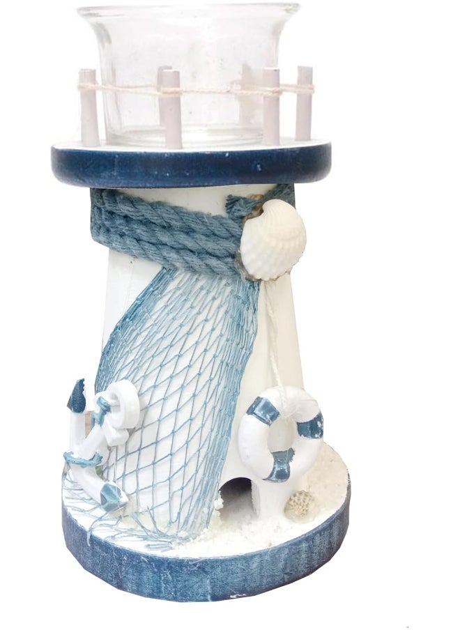 FAB D'COR Decorative Candlestick Lighthouse Blue Stripes Wooden Candle Lighthouse Decor Handcrafted Nautical Decor Candle Lighthouse with Fish Ocean Decor