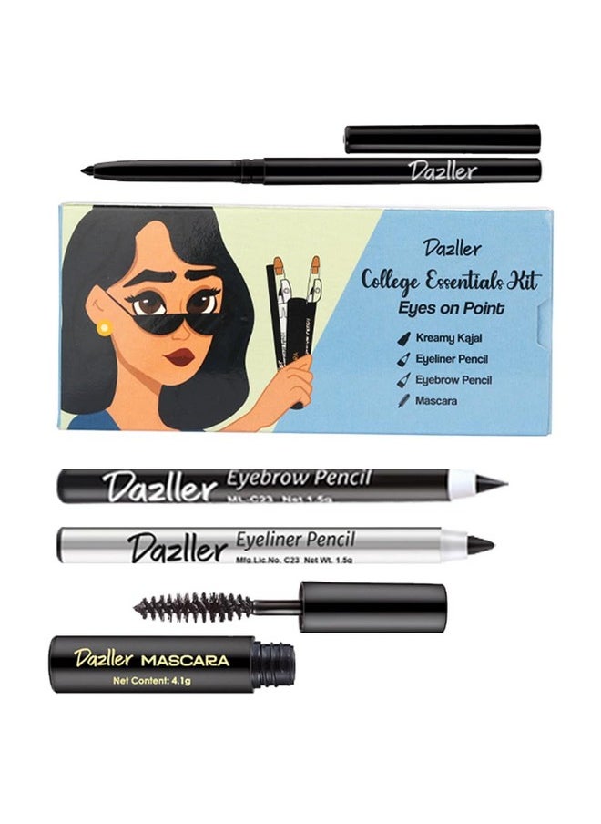 Dazller College Makeup Essentials - Eyes on Point|Kajal|Mascara|Eyeliner|Eyebrow|Water-Resistant|Smudge-proof|Starter Makeup Kit for Women|7.45g