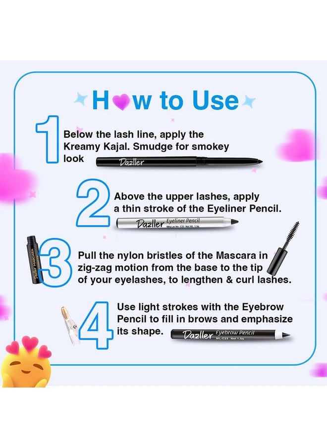 Dazller College Makeup Essentials - Eyes on Point|Kajal|Mascara|Eyeliner|Eyebrow|Water-Resistant|Smudge-proof|Starter Makeup Kit for Women|7.45g