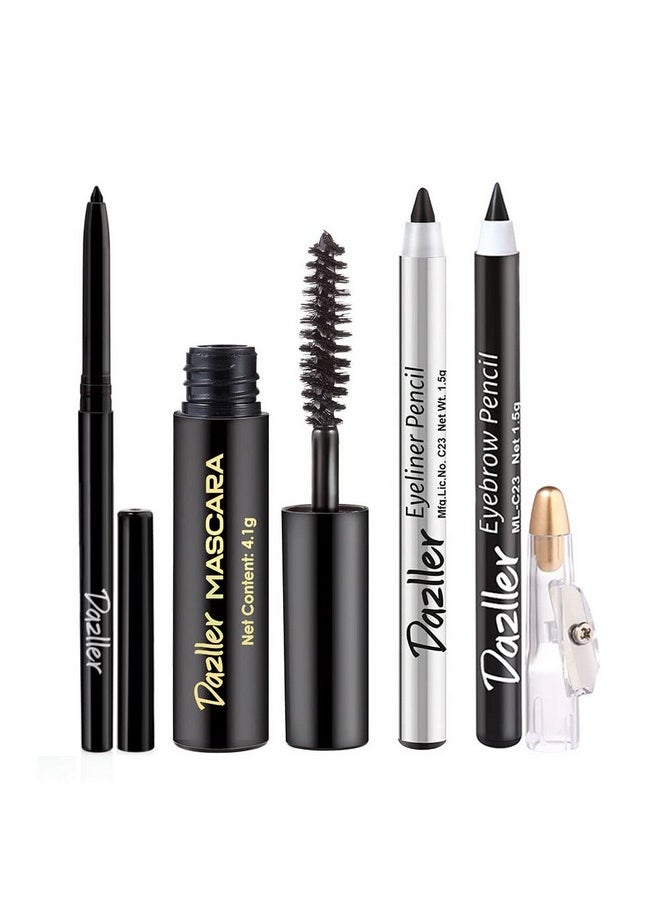 Dazller College Makeup Essentials - Eyes on Point|Kajal|Mascara|Eyeliner|Eyebrow|Water-Resistant|Smudge-proof|Starter Makeup Kit for Women|7.45g
