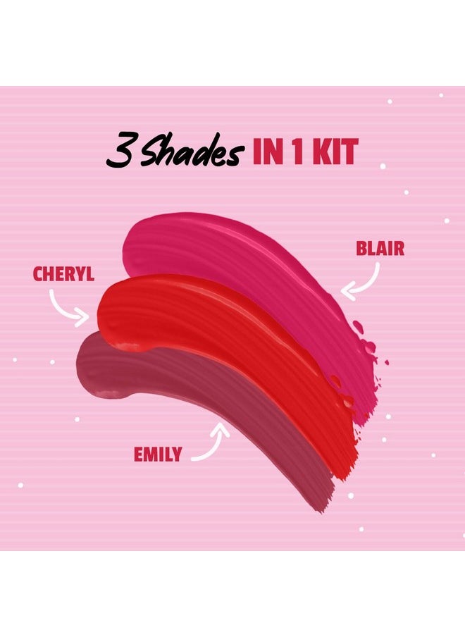 Popxo Makeup- Matte Finish Liquid Lipstick Kit - Og Crew -1.5G (Set Of 3) | Blair, Cheryl, & Emily (Wine Red, Pink, Britgh Red) Shade | Enriched With Cocoa Butter & Vitamin E