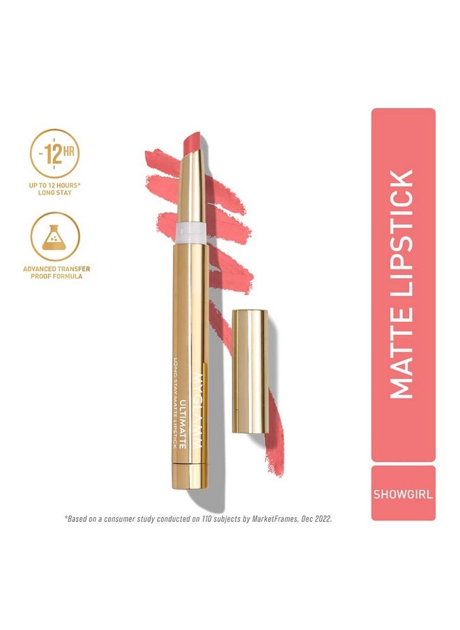 MyGlamm Ultimatte Long Stay Matte Lipstick - Showgirl (Pink) | Long Lasting Lipsticks for Women With 12hr Stay | Transfer Proof | Rich Colour | Moisturising, Lightweight Formula | 1.3g