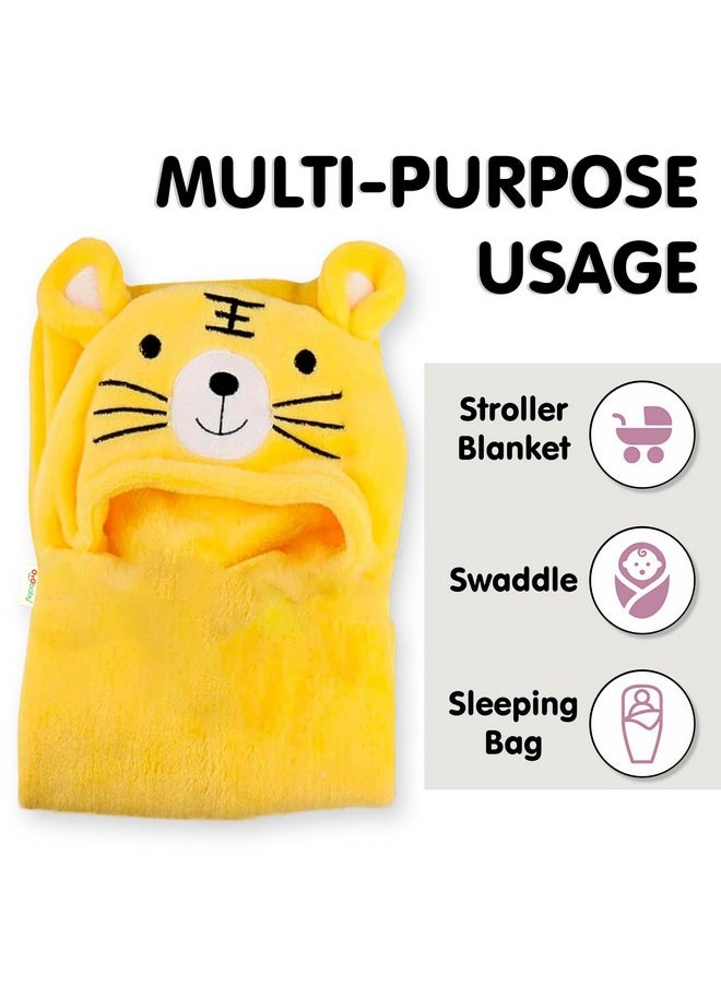 Hooded Baby Blankets For New Born Babies | Super Soft Baby Wrapper Baby Sleeping Bag For Baby Boys, Baby Girls, Babies (86Cm X82Cm, 0-12 Months, Fleece, Skin Friendly,Yellow Tiger)