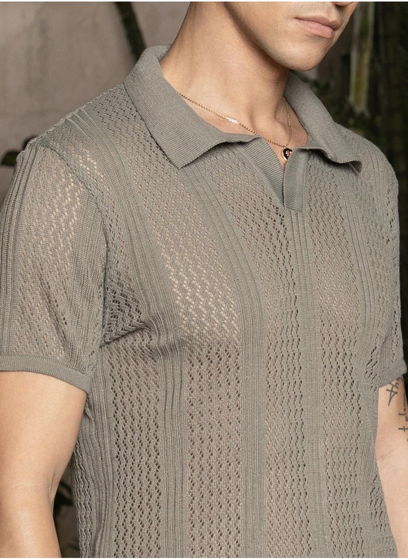 Men's Olive Green Chevron-Lined Textured Polo T-Shirt