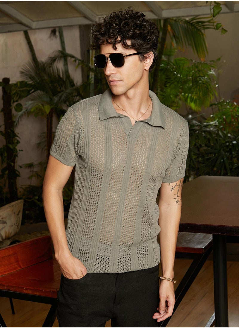 Men's Olive Green Chevron-Lined Textured Polo T-Shirt