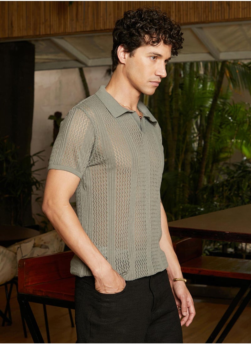 Men's Olive Green Chevron-Lined Textured Polo T-Shirt