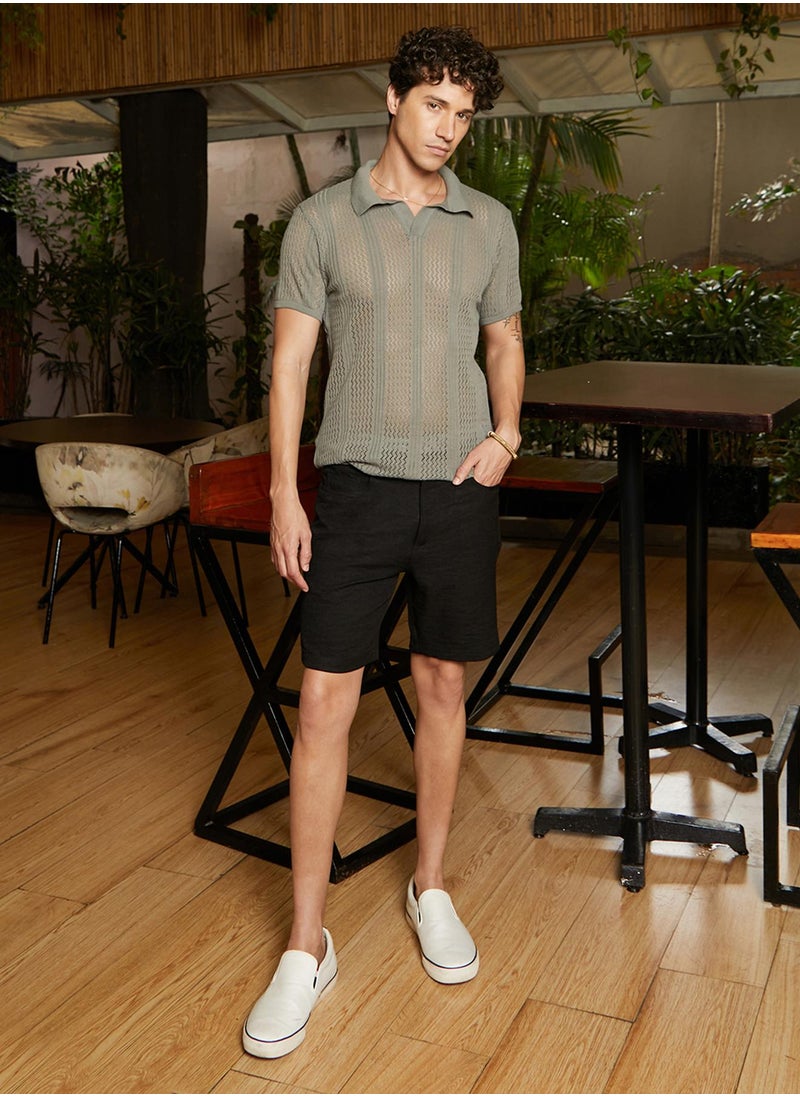 Men's Olive Green Chevron-Lined Textured Polo T-Shirt