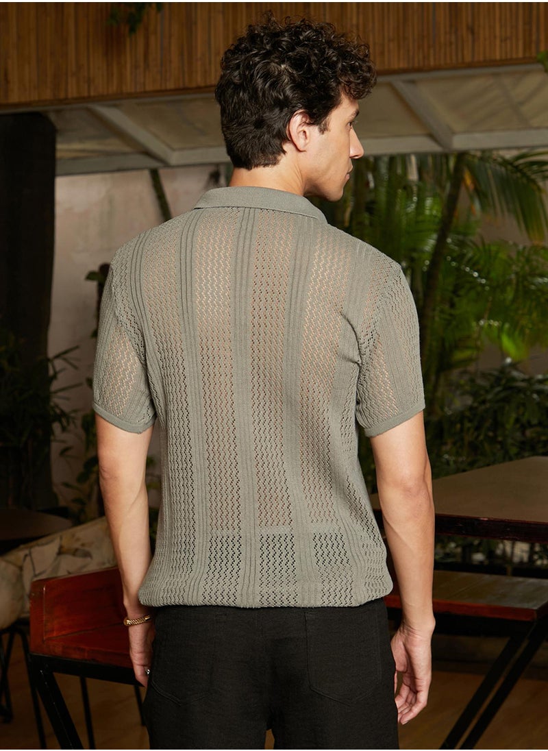 Men's Olive Green Chevron-Lined Textured Polo T-Shirt