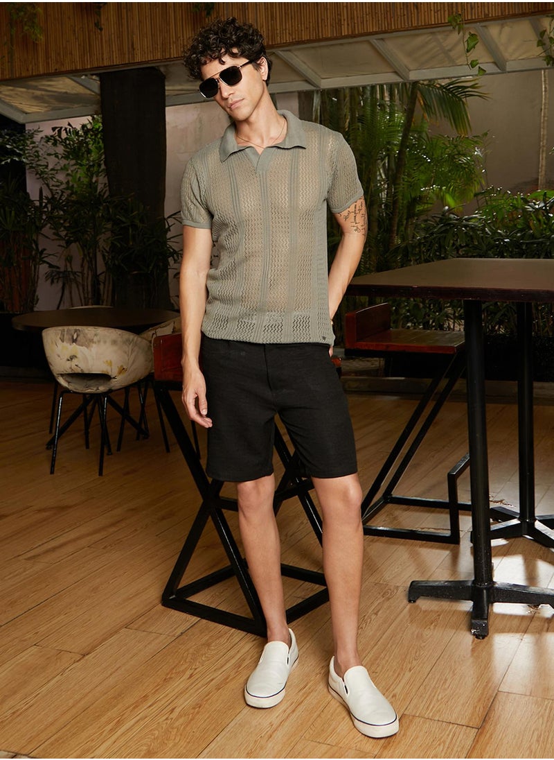 Men's Olive Green Chevron-Lined Textured Polo T-Shirt
